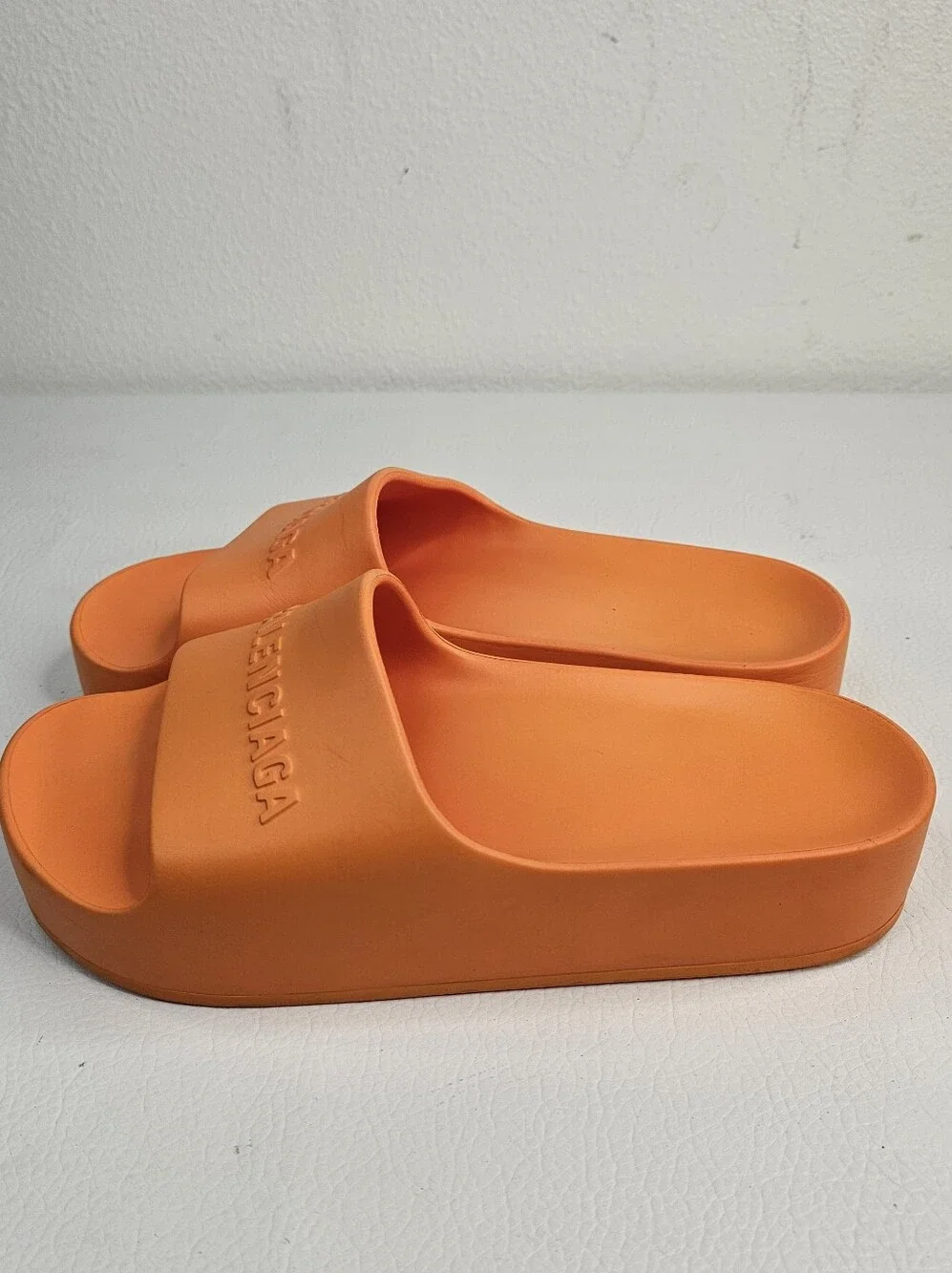 Balenciaga Mono Logo Platform Chunky Pool Slides Orange Rubber Sandals Italy